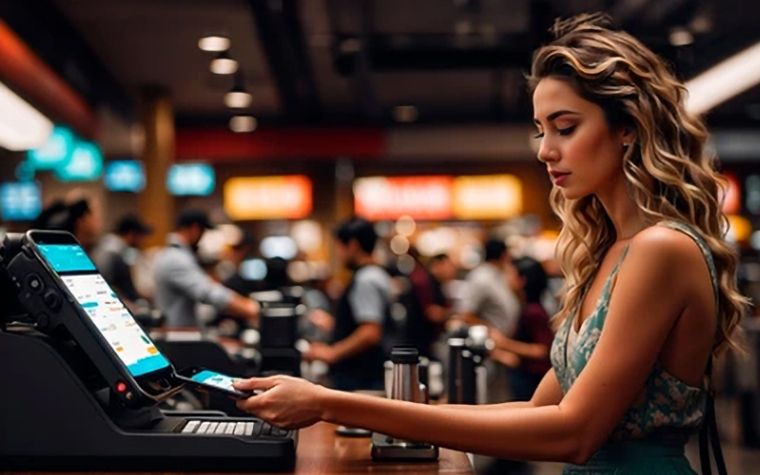 A woman paying with her phone